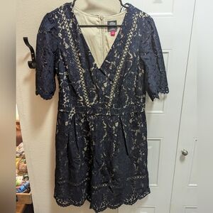 Vince Camuto Lace Overlay Dress in Navy and Cream